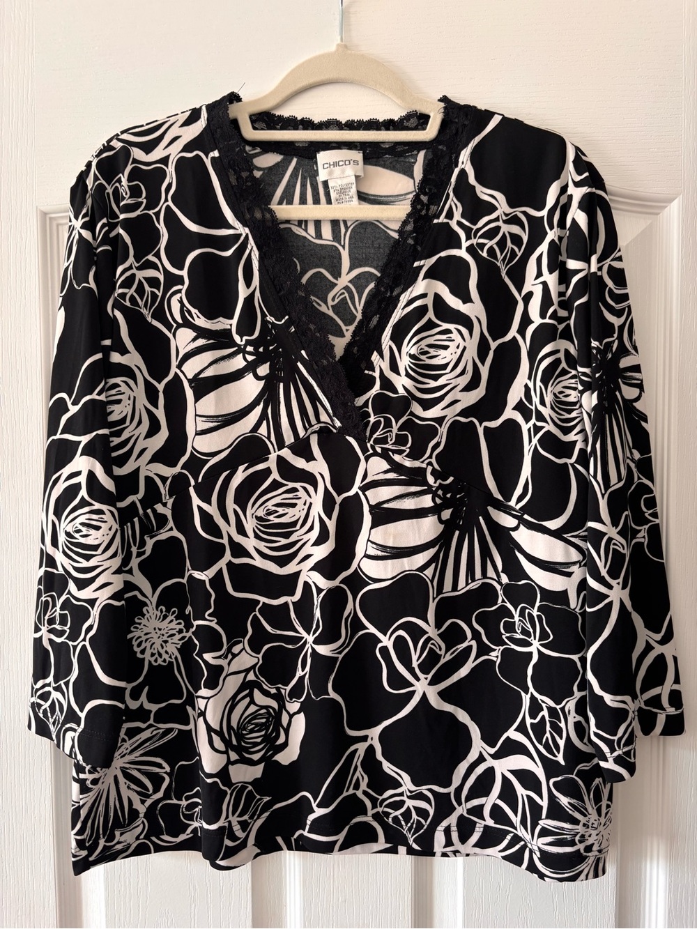 Chico's Black & White Floral Lace-Trim V-Neck Blouse